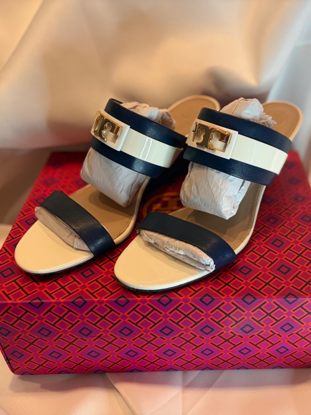 Tory Burch | Navy and White Wedge Sandals Sz 9.5